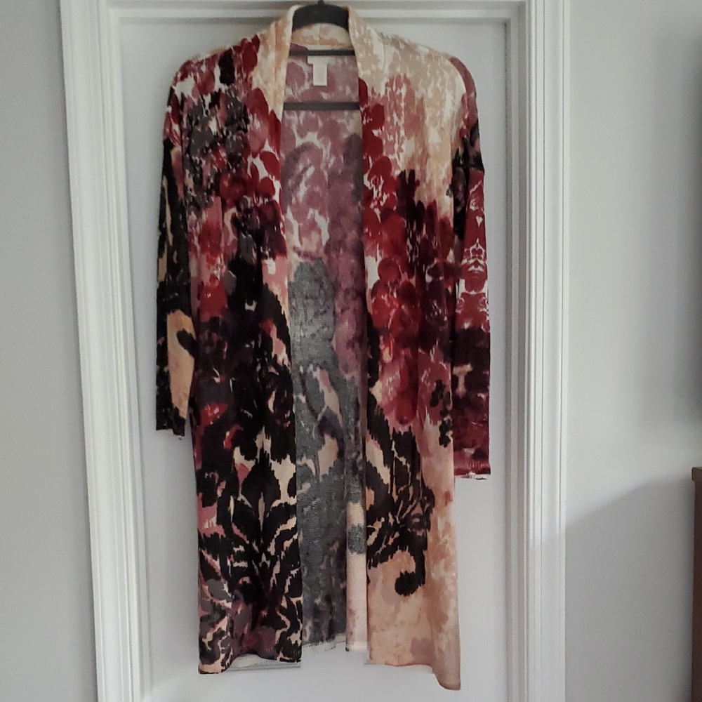 Chico's Burgundy/Black/Peach Long Sleeve Knit Cardigan